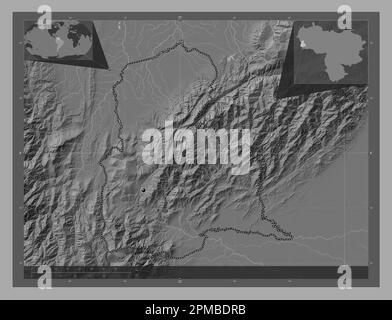 Tachira, Staat Venezuela. Bilevel-Höhenkarte mit Seen und Flüssen. Eckkarten für zusätzliche Standorte Stockfoto