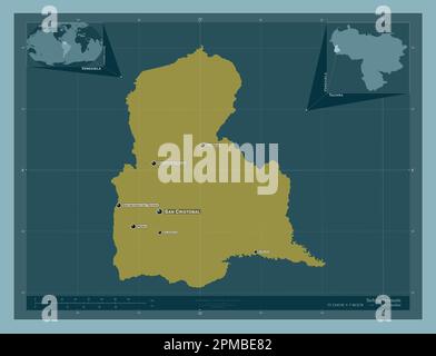 Tachira, Staat Venezuela. Durchgehende Farbform. Standorte und Namen der wichtigsten Städte der Region. Eckkarten für zusätzliche Standorte Stockfoto