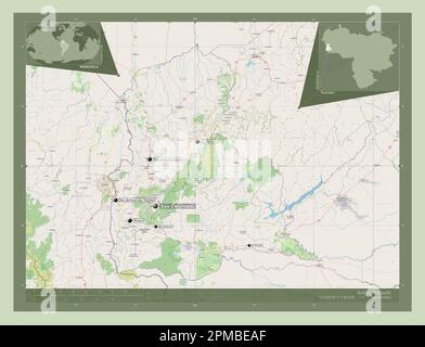 Tachira, Staat Venezuela. Straßenkarte Öffnen. Standorte und Namen der wichtigsten Städte der Region. Eckkarten für zusätzliche Standorte Stockfoto