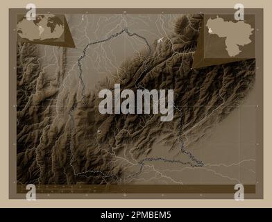 Tachira, Staat Venezuela. Höhenplan in Sepia-Tönen mit Seen und Flüssen. Eckkarten für zusätzliche Standorte Stockfoto