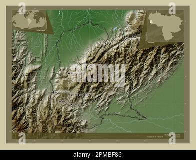 Tachira, Staat Venezuela. Höhenkarte im Wiki-Stil mit Seen und Flüssen. Standorte und Namen der wichtigsten Städte der Region. Ecke Auxi Stockfoto