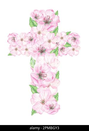 Isolierte Aquarelldarstellung. Kreuz mit Blumen ist ideal für Ostern, Erstkommunion, die Taufe des Herrn und eine Einladung. Kirschblüte Stockfoto