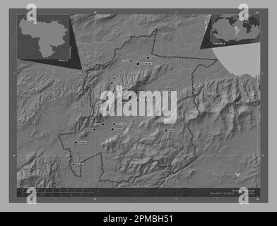 Yaracuy, Staat Venezuela. Bilevel-Höhenkarte mit Seen und Flüssen. Standorte und Namen der wichtigsten Städte der Region. Lage der Zusatzgeräte an der Ecke Stockfoto