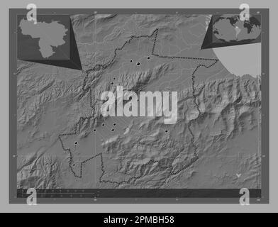 Yaracuy, Staat Venezuela. Bilevel-Höhenkarte mit Seen und Flüssen. Standorte der wichtigsten Städte der Region. Eckkarten für zusätzliche Standorte Stockfoto