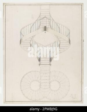 Zeichnung, perspektivische Erhöhung und Planansicht einer Doppelspiraltreppe; Modellmacher: Adolph Bordeaux (Französisch, aktiv 1880–1890); Frankreich; Graphit, Stift und schwarze Tinte, Pinsel und blau, graue Aquarelle auf cremefarbenem Papier; 57 x 45,1 cm (22 7/16 x 17 3/4 Zoll) Stockfoto