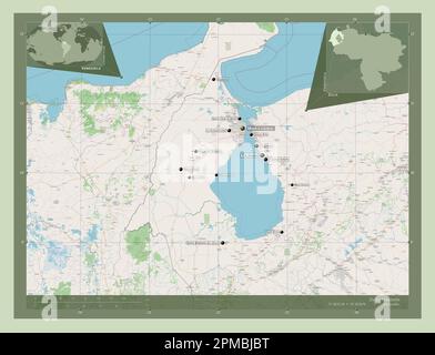 Zulia, Staat Venezuela. Straßenkarte Öffnen. Standorte und Namen der wichtigsten Städte der Region. Eckkarten für zusätzliche Standorte Stockfoto