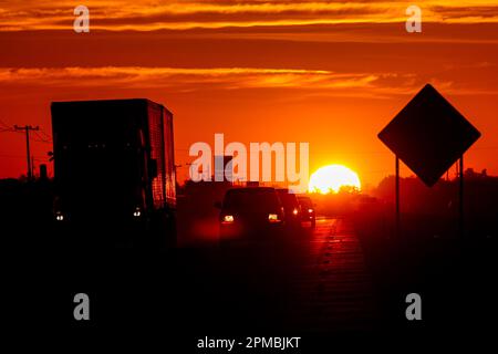 Sonnenuntergang auf dem Highway 15, der durch die Yaquis-Städte zwischen den Gemeinden Empalme und Ciudad Obregon im südmexikanischen Bundesstaat Sonora, Mexiko führt. © (© Photo by Luis Gutierrez / Norte Photo) atardecer en la carretera 15 a su paso por los pueblos Yaquis entre los municipios de Empalme y Ciudad Obregon sur del estado mexicano de Sonora, Mexiko . © (© Photo by LuisGutierrez / Norte Photo) Stockfoto