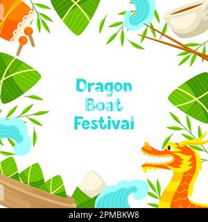 Grußkarte zum Happy Dragon Boat Festival. Chinesischer Urlaub in Duanwu. Traditioneller Zongzi-Reis in Bambusblättern. Stock Vektor