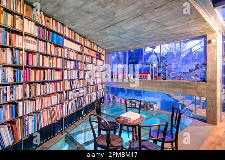 Wien, private 'Wasserbibliothek', Anbau an ein Wohnhaus // Wasserbibliothek, Ergänzung zu einem alten Wohnhaus Stockfoto