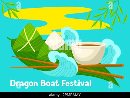 Grußkarte zum Happy Dragon Boat Festival. Chinesischer Urlaub in Duanwu. Traditioneller Zongzi-Reis in Bambusblättern. Stock Vektor