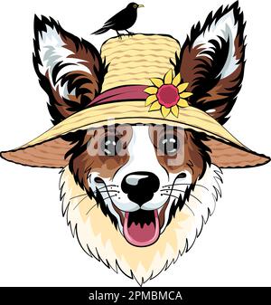 Hipsterhund Pembroke Welsh Corgi züchten mit Strohhut, birs und Blume Stock Vektor