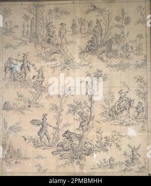 Zeichnung, Cartoon für den Baumwolldruck: Don Quichotte [Don Quijote]; zugeschrieben an Jean-Jacques Lagrenée, den Jüngeren (1739–1821); hergestellt von Oberkampf & Cie. (Frankreich); Frankreich; Stift und schwarze Tinte, graue Wäsche, schwarze Kreide, quadratisch für die Übertragung auf beigefarbenem Papier (sechs Blatt zusammengelegt); 1898-21-17-A. Stockfoto