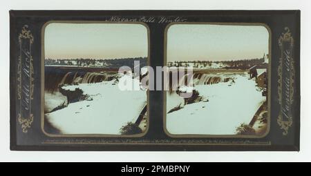 Foto, Winter, Niagarafälle, Table Rock, Kanadische Seite; Frederic und William Langenheim (USA); Glas, stereoskopische Transparenz, schwarzes Band, Pinsel und weiße und goldene Tinte; 8,3 x 17,5 cm (3 1/4 x 6 7/8 Zoll) Stockfoto