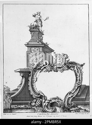 Druck, Cartouche decoré; entworfen von Pierre Edme Babel (Französisch, 1720–1775); Veröffentlicht von Jacques Chéreau (Französisch, 1688–1776); Frankreich; Ätzen auf weißem Laienpapier Stockfoto