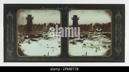 Foto, Winter Niagara Falls, Terrapin Tower von Goat Island; Frederic und William Langenheim (Vereinigte Staaten); Glas stereoskopische Transparenz, schwarzes Band, Pinsel und weiße, goldene Tinte; 8,3 x 17,5 cm (3 1/4 x 6 7/8 Zoll) Stockfoto