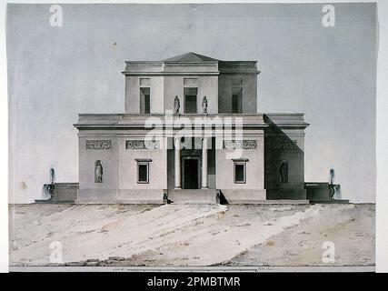 Zeichnung, Elevation of a Country Villa; Architekt: Unbekannt (Italienisch); Italien; Stift und schwarze Tinte, Pinsel und Rose, braun und blau, wasserfarben, schwarz, mit schwarzen Kreideanzeigen auf Papier; 38 x 51,3 cm (14 15/16 x 20 3/16 Zoll) Stockfoto