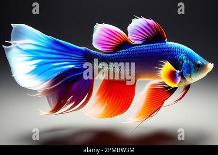 Halten Sie den beweglichen Moment der rot-blauen siamesischen Kampfffffische fest, isoliert auf schwarzem Hintergrund. Betta-Fisch. Stockfoto