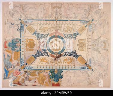 Zeichnung, Design für eine bemalte Decke; Charles Percier (Französisch, 1764-1838); Frankreich; Stift und schwarze Tinte, Pinsel und Aquarell, Graphit auf weißem, liegendem Papier; 56,6 x 45,4 cm (22 5/16 x 17 7/8 Zoll) Stockfoto
