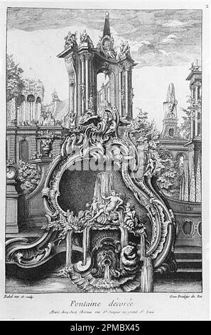 Druck, Brunnen in Form einer Kartusche; entworfen von Pierre Edme Babel (Französisch, 1720–1775); Veröffentlicht von Jacques Chéreau (Französisch, 1688–1776); Frankreich; Ätzen auf weißem Papier Stockfoto