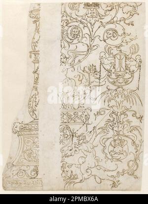 Zeichnung, Design für Kerzenhalter und Panel of Grotesques; Unbekannt; Italien; Stift und braune Tinte auf Papier, liniert Stockfoto