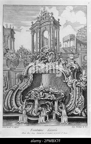 Printmedien, Brunnen mit Kartusche und Gebäuden; entworfen von Pierre Edme Babel (Französisch, 1720-1775); Veröffentlicht von Jacques Chéreau (Französisch, 1688-1776); Frankreich; Ätzen auf weißem Papier Stockfoto