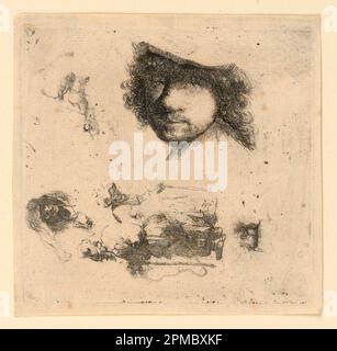 Print, Sheet of Studies: Selbstporträt, ein Beggar-Paar, Leiter eines alten Mannes und einer alten Frau usw., ca. 1632; Rembrandt Harmensz van Rijn (Niederländisch, 1606-1669); Niederlande; Ätzen auf Laienpapier; 10,8 x 11,2 cm (4 1/4 x 4 7/16 Zoll); Bequest von George Campbell Cooper; 1896-3-184 Stockfoto