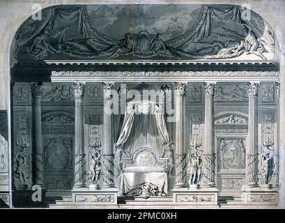 Zeichnung, Design for a Bedroom, Hotel de Mailly-Nesle, Paris; angelastet an Gilles Paul Cauvet (Frankreich, 1731 - 1788); Frankreich; Stift und schwarze Tinte, Bürste und Waschmaschine, über schwarzer Kreide auf Papier, mit zwei Blatt schwerem Papier gefüttert und mit blauem, schwarzem Papier und Streifen aus goldenem Papier gerahmt; 65,7 x 83,4 cm (25 7/8 x 32 13/16 Zoll) Matte: 71,1 x 91,4 cm (28 x 36 Zoll) Stockfoto