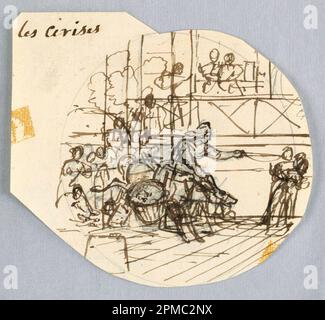 Zeichnung, Design for a Painted Porcelain Plate, Les Cerises (Kirschen) für den Service des Objets de Dessert (Dessertservice); Unternehmen: Sèvres Porcelain Manufactory (Frankreich); entworfen von Jean Charles Develly (Französisch, 1783-1849); Frankreich; Stift und Pinsel und braune Tinte, Graphit auf cremefarbenem Papier; Verso: Graphit; 12,1 x 11,2 cm (4 3/4 x 4 7/16 Zoll) Stockfoto