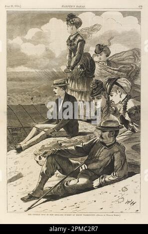 Print, the Coolest Spot in New England – Summit of Mount Washington; After Winslow Homer (amerikanisch, 1836–1910); Veröffentlicht von Harper's Bazaar; USA; Holzgravierung in schwarzer Tinte auf Papier; Bild: 35 x 23,1 cm (13 3/4 x 9 1/8 Zoll) Blatt: 40,5 x 27,7 cm (15 15/16 x 10 7/8 Zoll) Stockfoto