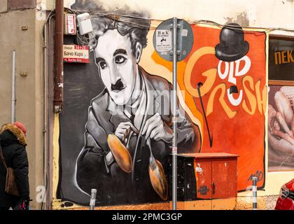 Charlie Chaplin Wandbild in Sofia, Bulgarien, Osteuropa, Balkan, EU Stockfoto