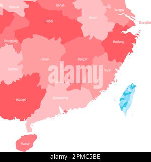 Die politische Karte von Taiwan und China konzentrierte sich auf Taiwan und die nächstgelegenen chinesischen Provinzen. Beide Länder mit Verwaltungsabteilungen in unterschiedlichen Farben. Vektorzuordnung mit Beschriftungen. Stock Vektor