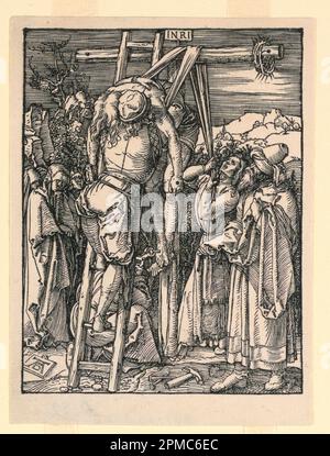 Print, The Descent from the Cross (The Deposition), aus der Little Passion Series; entworfen von Albrecht Dürer (deutsch, 1471–1528); Deutschland; Holzschnitt auf cremefarbenem Papier; 14,3 x 10,7 cm (5 5/8 x 4 3/16 Zoll) Stockfoto