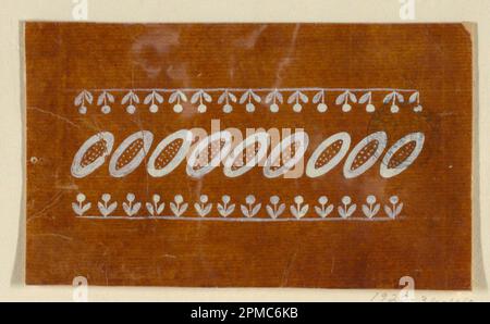 Zeichnen, Design für einen bestickten oder gewobenen horizontalen Rahmen der „Fabrique de St. Ruf'; entworfen von Fabrique de Saint Ruf; Frankreich; Pinsel und weißer Gouache auf glasiertem Plättchenpapier; 7,2 x 12 cm (2 13/16 x 4 3/4 Zoll) Stockfoto