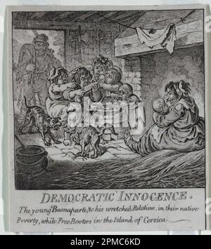 Print, „Democracy, or a Sketch o; James Gillray (1756–1815); Veröffentlicht von Heidi Humphrey; engagierter: Napoleon Bonaparte (1769–1821); England; Ätzunterstützung: Weißes gewebtes Papier auf beigefarbenem gewebtem Papier; 13 x 11,3 cm (5 1/8 x 4 7/16 Zoll) Matte: 40,6 x 55,9 cm (16 x 22 Zoll) Stockfoto