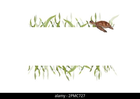 Wasserfarbener Rahmen im marinen Stil, isoliert auf weißem Hintergrund. Darstellung von Gras und Schildkröte für Postkartendesign, andere Einladungsvorlage Stockfoto