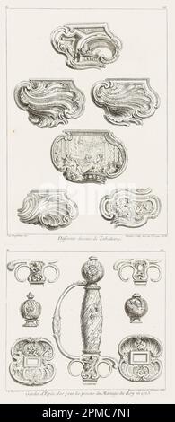 Print, Garde d'Epées d'Or pour les presens du Marriage du Roy en 1725., troisième planche [Schwertgriff zu Ehren der Hochzeit des Königs im Jahr 1725, dritter Teller], pl. 51 in Oeuvre de Juste-Aurèle Meissonier; entworfen von Juste-Aurèle Meissonnier (Französisch, B. Italien, 1695–1750); geätzt von Gabriel Huquier (Französisch, 1695–1772); Frankreich; Ätzen auf cremefarbenem Laienpapier; 17,1 x 19,7 cm (6 3/4 x 7 3/4 Zoll) Stockfoto