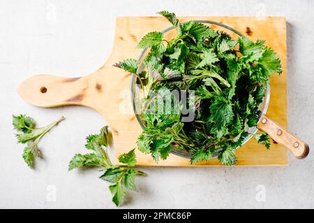 Junge Brennnesseln in einer Glasschüssel in der Küche. Brennnesselblätter stechen. Stockfoto