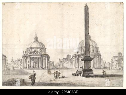 Zeichnung, Piazza del Popolo, Rom; Jean-Baptiste Lallemand (Französisch, 1716-1803); Attribute: Charles Michel-Ange Challe (Französisch, 1718–1778); Frankreich; Stift und Tinte, Pinsel und graues Waschen, Holzkohle auf cremefarbenem Papier; 34,4 x 44,3 cm (13 9/16 x 17 7/16 Zoll) Matte: 55,9 x 71,1 cm (22 x 28 Zoll) Stockfoto