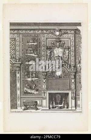 Print, Design for a Chimney Wall with lackated Panels and Porcelain from Nouvelles Chiminees Faittes en Plusieur en Droits de la Hollande et Autres Provinces du Dessin de D. Marot; Design von Daniel Marot (Frankreich, in den Niederlanden und England aktiv, 1661–1752); Frankreich; Gravur auf cremefarbenem Papier; 34 x 22,4 cm (13 3/8 x 8 13/16 Zoll) Stockfoto