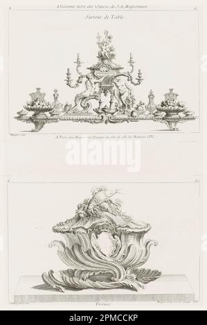 Print, Design for tureen, von Dixieme Livre des Oeuvre de Juste-Aurele Meissonier, Platte 62 in Oeuvre de Juste-Aurele Meissonnier; entworfen von Juste-Aurèle Meissonnier (Französisch, B. Italien, 1695–1750); geätzt von Gabriel Huquier (Französisch, 1695–1772); Frankreich; Beizen auf weißem Platemark; Beizen auf weißpapier: 17,7 x 27 cm (6 15/16 x 10 5/8 Zoll) Stockfoto