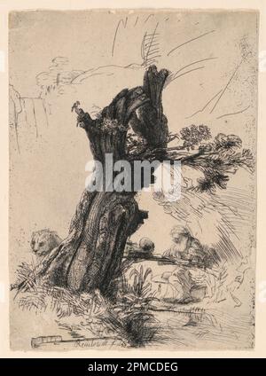 Print, Saint Jerome Neben einer Pollard Willow, 1648; Rembrandt Harmensz van Rijn (Niederländisch, 1606–1669); Niederlande; Ätzen und Trocknen auf Laienpapier; 18,1 x 13 cm (7 1/8 x 5 1/8 Zoll); Bequest von George Campbell Cooper; 1896-3-162 Stockfoto