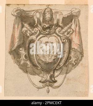 Zeichnung, der Mantel der Arme von Papst Gregory XIII (1572-1585); Italien; schwarze Kreide, Stift und Tinte, Bürste und graue wässrige Wäsche auf liegendem Papier. Stockfoto