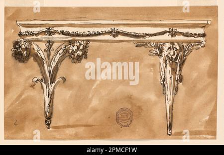 Zeichnung, Konsolentisch; Architekt: Giuseppe Barberi (Italienisch, 1746–1809); Italien; Stift und braune Tinte, Pinsel und braunes Waschen auf weißem, liegendem Papier; Bild: 12,4 x 19,8 cm (4 7/8 x 7 13/16 Zoll) Stockfoto