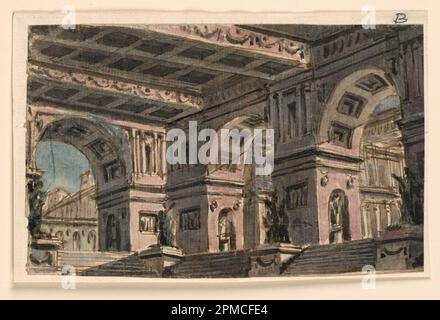 Zeichnung, Bühnendesign, Palace Atrium; entworfen von Angelo Toselli (ca. 1765? – 1826); Italien; Tinte, Pinsel und Aquarell auf Papier Stockfoto