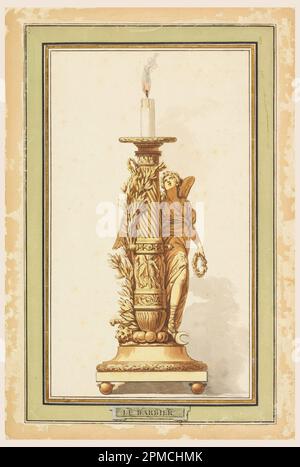 Zeichnung, Design for a Bronze Candlestick; Jean-Jacques-Francois Le Barbier (Französisch, 1738–1826); Frankreich; Stift und schwarze Tinte, Pinsel und grau, braunes Waschen, gelbe Aquarelle auf liegendem Papier mit Papierhalterung; 34,3 x 19,6 cm (13 1/2 x 7 11/16 Zoll) Matte (Matte): 55,9 x 40,6cm mm (22 x 16in Zoll) Stockfoto