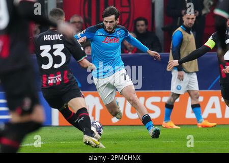 Mailand, Italien. 12. April 2023. Mailand, Italien, April 12. 2023: Khvicha Kvaratskhelia (77 Neapel) während des Champions League-Spiels zwischen AC Mailand und SSC Neapel im Meazza-Stadion in Mailand, Italien (Foto Mosca/SPP) Guthaben: SPP Sport Press Photo. Alamy Live News Stockfoto