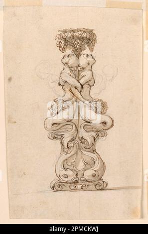 Zeichnen, Design for a Candlestick; Made by Unknown (Italienisch); Italien; Graphit; Stift und braune Tinte; Pinsel und Sepia Aquarell auf weißem Papier; 20,5 x 18,8 cm (8 1/16 x 7 3/8 Zoll) Stockfoto