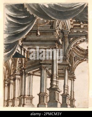 Zeichnung, Bühnendesign: Palastatrium unterstützt von Säulen und Säulen; zugeschrieben von Ferdinando Galli Bibiena (1657 – 1743); Italien; Stift, Bistre, graue Wasserfarbe auf Papier Stockfoto