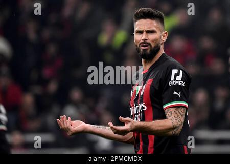 Mailand, Italien. 12. April 2023. Olivier Giroud vom AC Mailand reagiert auf das Champions League-Fußballspiel zwischen AC Mailand und SSC Napoli im Stadion San Siro in Mailand (Italien) vom April 12. 2023. Foto Andrea Staccioli/Insidefoto Credit: Insidefoto di andrea staccioli/Alamy Live News Stockfoto