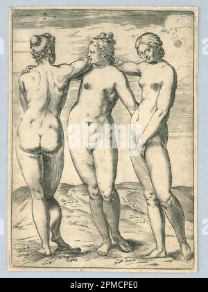 Print, The Three Graces; Print Maker: Agostino Carracci (Italienisch, 1557–1602); Gravur auf Papier; 15,8 x 11,1 cm (6 1/4 x 4 3/8 Zoll); 1896–31-8 Stockfoto